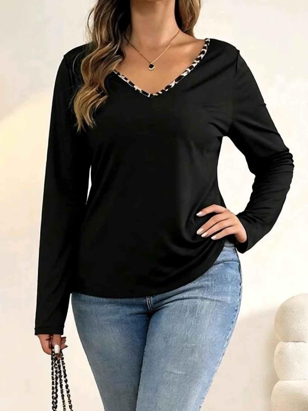 Black V-Neck Long Sleeve Top with Leopard Trim